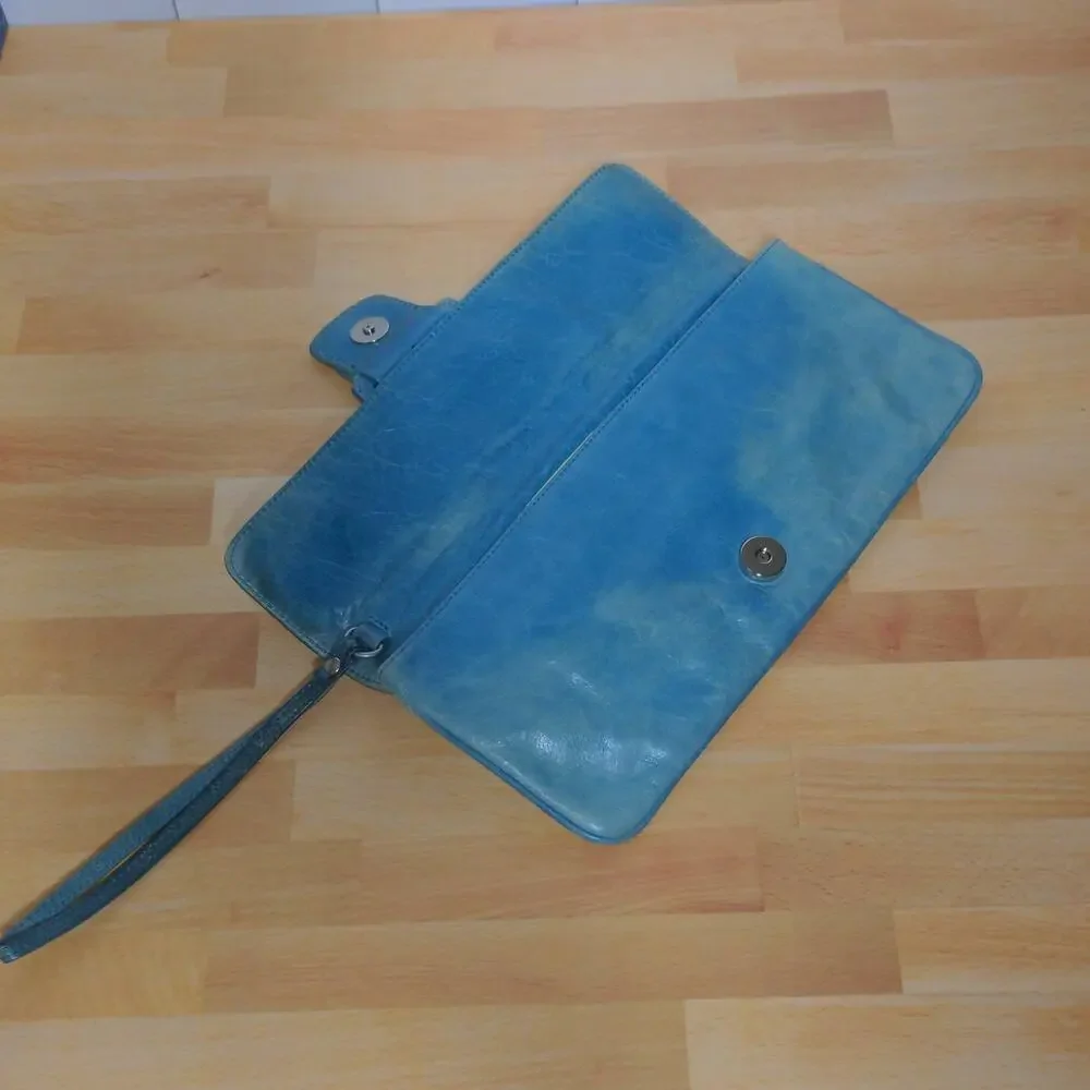 HOBO International Distressed Turquoise Buckle Leather Clutch Wristlet Handbag
